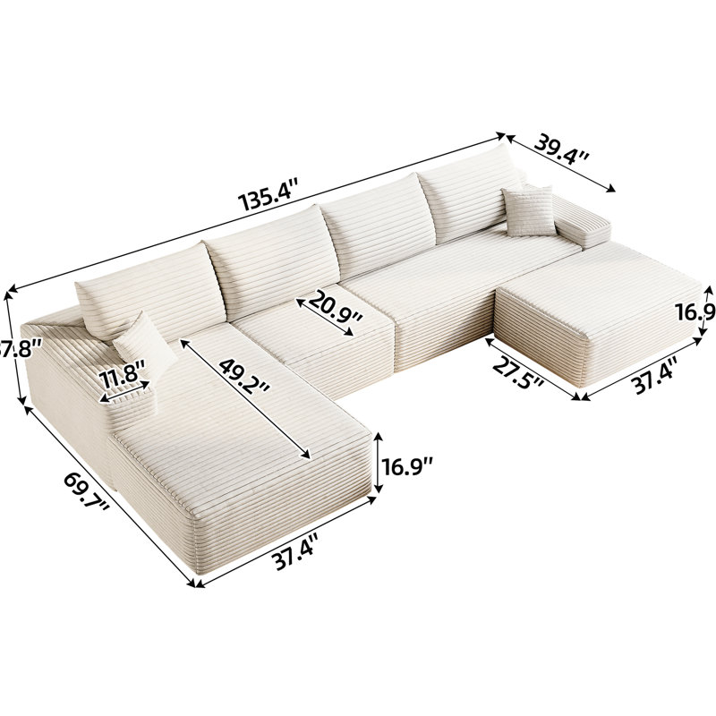 Canapé rembourré, H 38,7 po x l 133,12 po x P 70,86 po