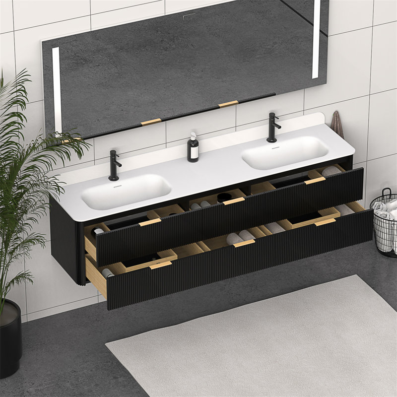 Meuble-lavabo en bois massif avec lavabo intégré et conception cannelée