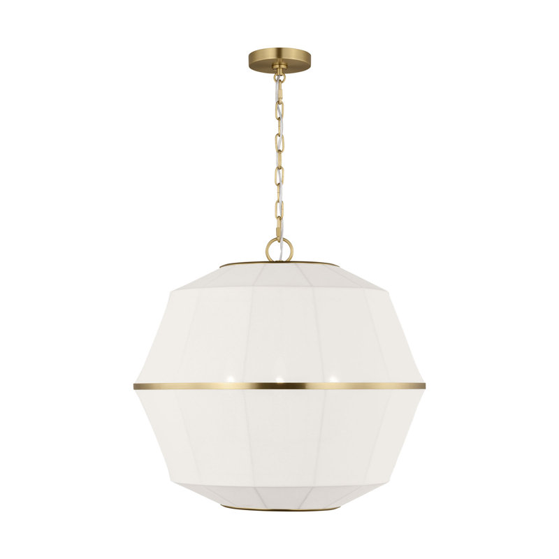Ellen Degeneres Hikari 5 Light Dining Room Pendant With White Linen Shade, Burnished Brass, 86.25" H x 22.125" W x 22.125" D