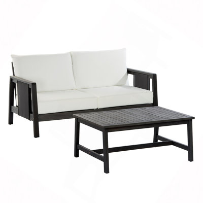 2 Piece Sofa Set With Cushions Outdoor Loveseat & Coffee Table Set – Acacia Wood Frame With Black Textilene, Water-Repellent Cushions For Patio/Backyard/Deck
