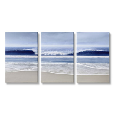 «Beach Wave Cresting At Shore Blue Nautical Landscape», ensemble de 3 impressions sur toile