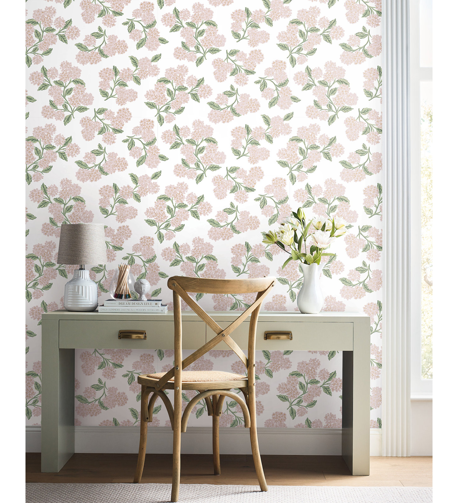 Hydrangea White Peel and Stick Wallpaper, Pink