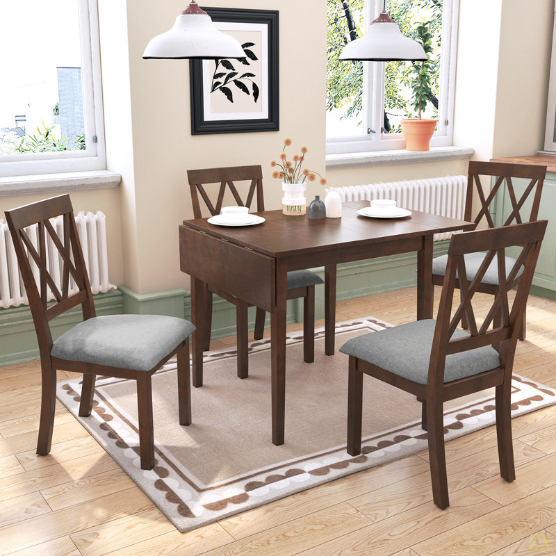 Ensemble de table de salle à manger pliable pour petit espace, ensemble de salle à manger extensible 5 pièces de style maison de campagne, ensemble de petite table de cuisine avec table à abattant et 4 chaises de salle à manger rembourrées