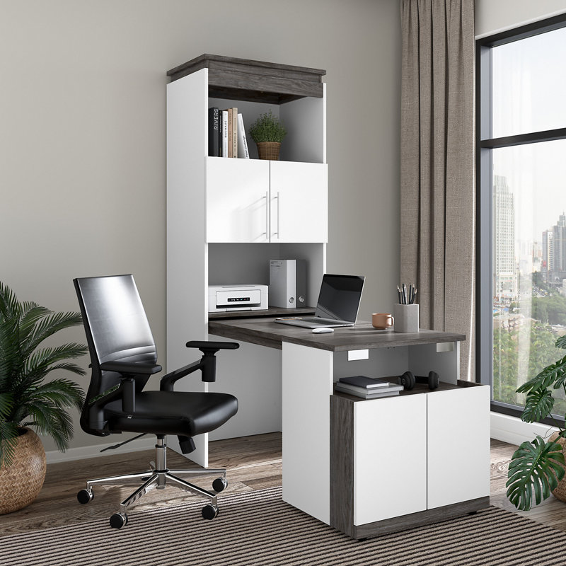 Ailed 30W Shelving Unit With Fold-Out Desk, White/Walnut Gray