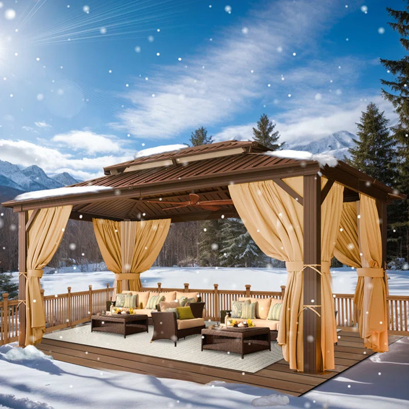 10'x15' Hardtop Gazebo Aluminum Gazebos with Steel Double Roof Metal Gazebo with Curtains and Netting Permanent Hardtop Gazebos