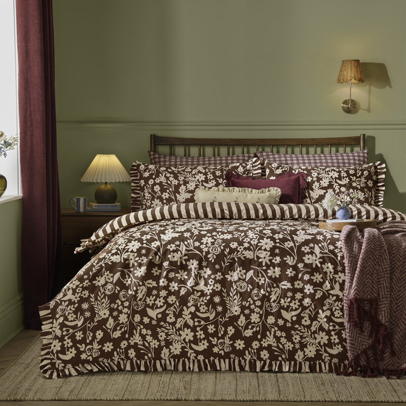Posie Cotton Blend Duvet Cover Set, King Duvet Cover + 2 Standard Pillowcases, Brown, Beige Floral, Striped