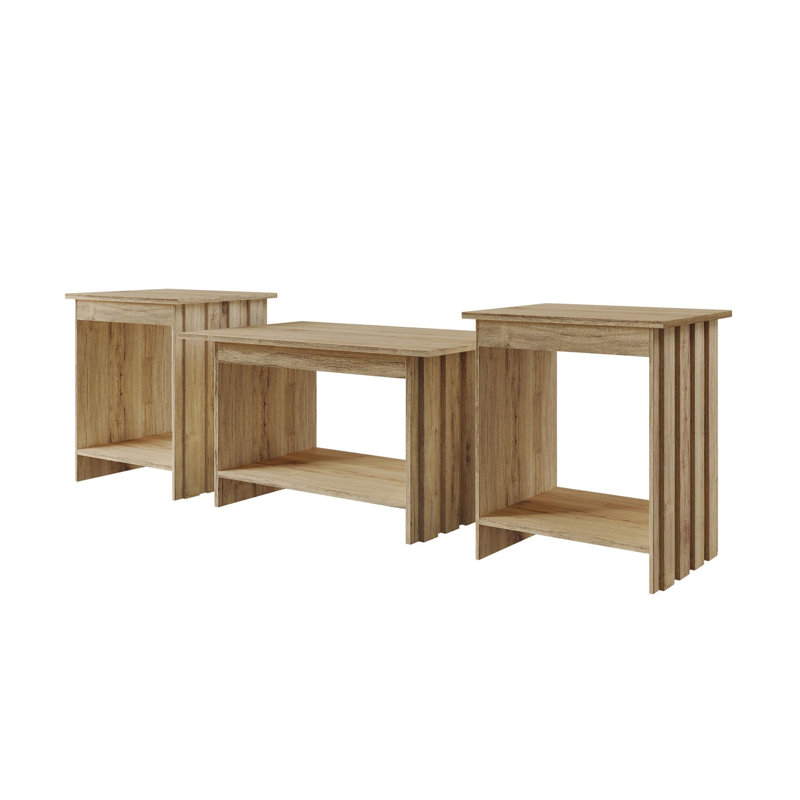 Ensemble de 3 tables basses et tables de bout avec pieds inclinés en chêne clair, Chêne clair