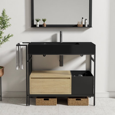 Industrial 36" Bathroom Vanity with Quartz Basin, Soft-Close Drawer & Custom Storage in Black 