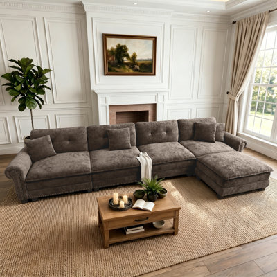 150" Modular Sectional Sofa with Ottoman, Oversized L-Shaped Deep Seat Couch in Chenille or Linen-Look with Nailhead Trim