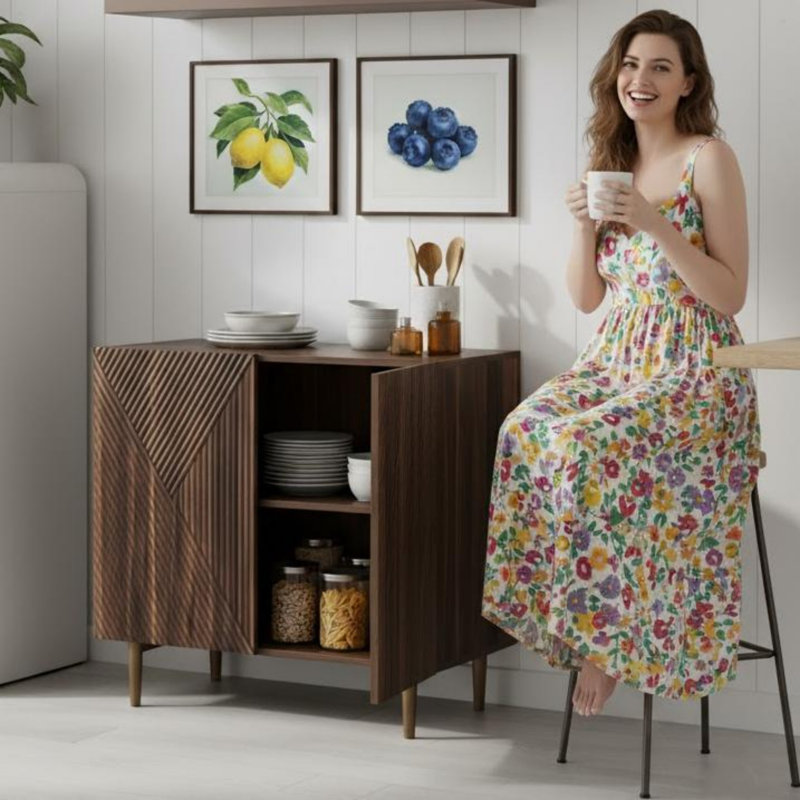 Buffet en noyer cannelé avec tablettes réglables, pieds en métal, rangement polyvalent pour la salle à manger ou le vestibule