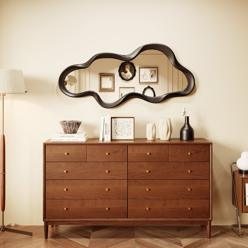 Irregular Wall Mirror, 22"x 48" Wood Black Framed Wall Mirror, Asymmetrical Wall Wavy Mirror for Living Room Bedroom Entryway Bathroom