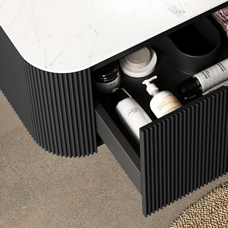 Meuble mural 30 po avec plateau en pierre frittée blanche, un tiroir, fini noir, sans lavabo ni robinet, poignée rainurée à rayures françaises 3D - pour comptoir, construction en contreplaqué, lavabo ou panneau de tiroir.