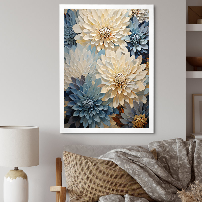 Minimalisme «Blooming Mums» en beige et bleu pâle III sur toile, Cadre simple blanc, H 32 po x l 16 po x P 1 po