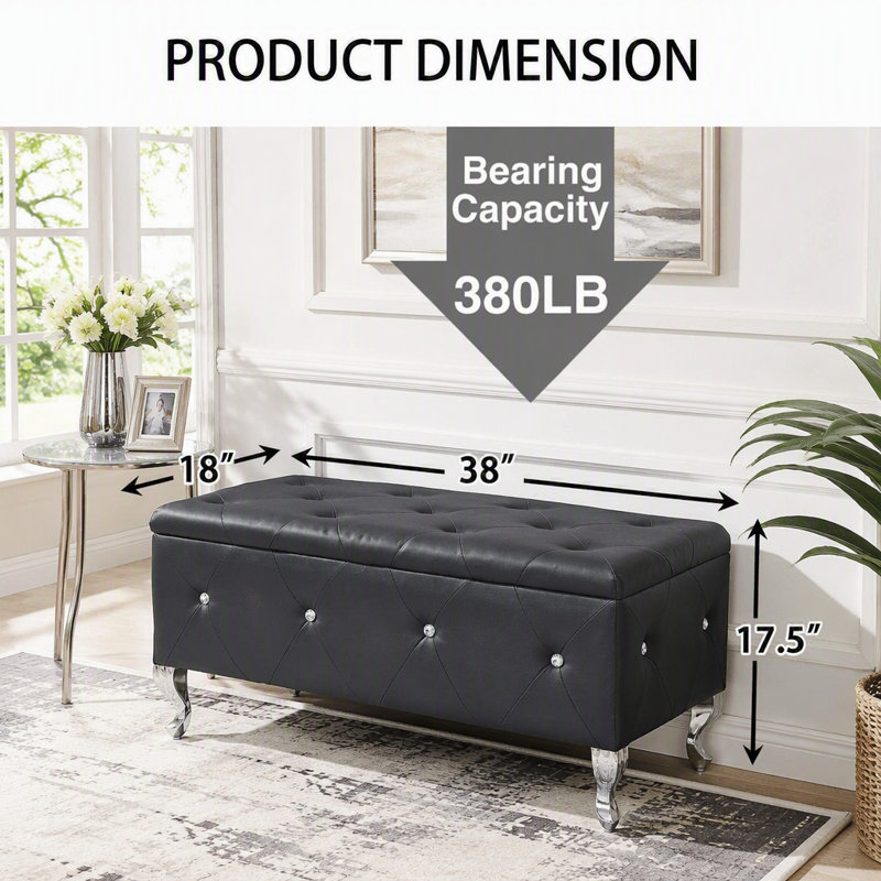 Banc de rangement avec repose-pieds en similicuir et boutons en cristal, Noir
