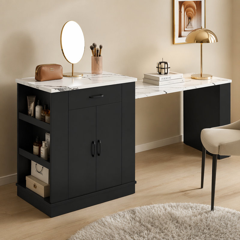Console d'îlot extensible avec tiroirs, armoire à double porte et tablettes ouvertes. Sert de table à manger, de bar pour le petit-déjeuner temporaire et de salon de thé l'après-midi, noir