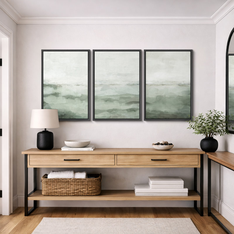 «Minimal Landscape», art organique moderne vert sauge, images murales abstraites simples dans la chambre à coucher, grand ensemble de 3 impressions murales sur toile, 16 x 24 x 3, 24 x 36 x 3