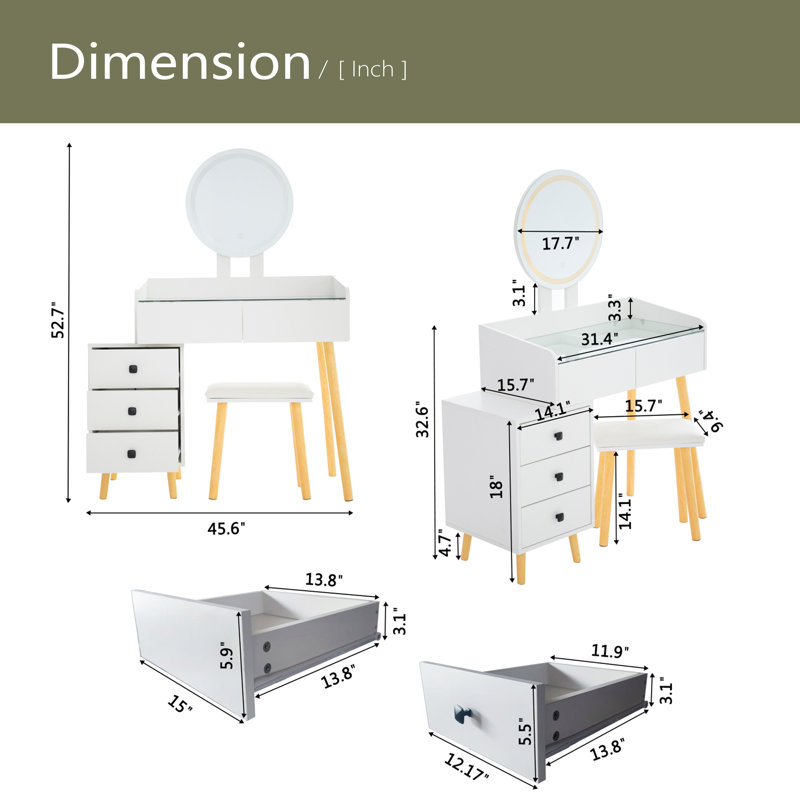 Dressing Table With LED Lights Glass Top Dressing Table With Extendable Side Table 5 Drawers Dressing Table With Mirror And Stool For Bedroom