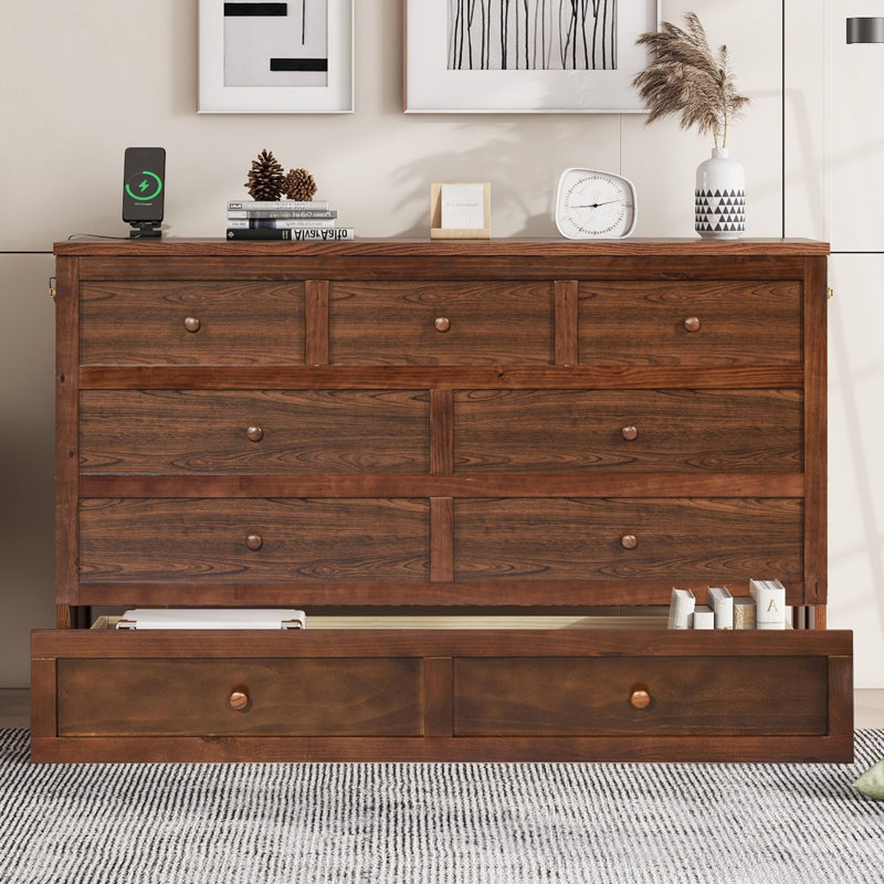 Solid Wood Murphy Bed Cabinet with Charging Station and Storage Drawer, Walnut, Queen