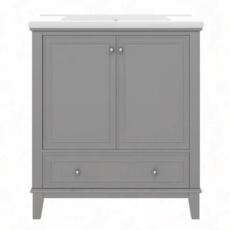 Ensemble de meuble-lavabo 30 po avec lavabo, armoire de salle de bain multifonctionnelle avec portes et tiroir, structure solide et panneau de fibres à densité moyenne