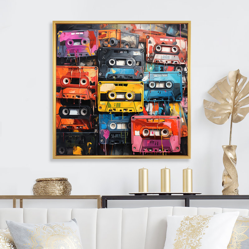 " Cassette Tapes Scattered Across III ", 30" H x 30" W x 1" D, Gold Floater Framed