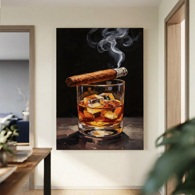 Cigar and Whiskey Realist Oil Canvas Wall Art, 24" x 36" Gallery Wrapped Canvas Print, Amber & Brown Gentleman Bar Wall Decor for Home Bar, Study & Living Room