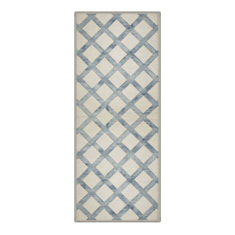 Lattice Geometric Machine Washable Beige / Blue Indoor Area Rug with Non-Slip Backing, Runner 72 " x 24 "