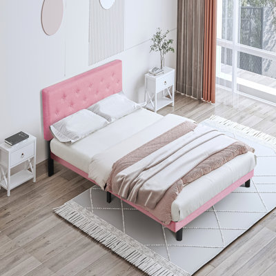 Structure de lit double moderne rose avec tête de lit en tissu de lin - pas de sommier tapissier, installation facile, construction robuste recouverte d'un bouton à assembler, soutien solide