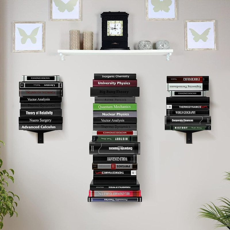 Organisateurs de livres robustes en métal Latitude Run® pour bureau personnel, tour à livres verticale à 8 niveaux, bibliothèque flottante invisible pour fixation murale, paquet de 4, noir