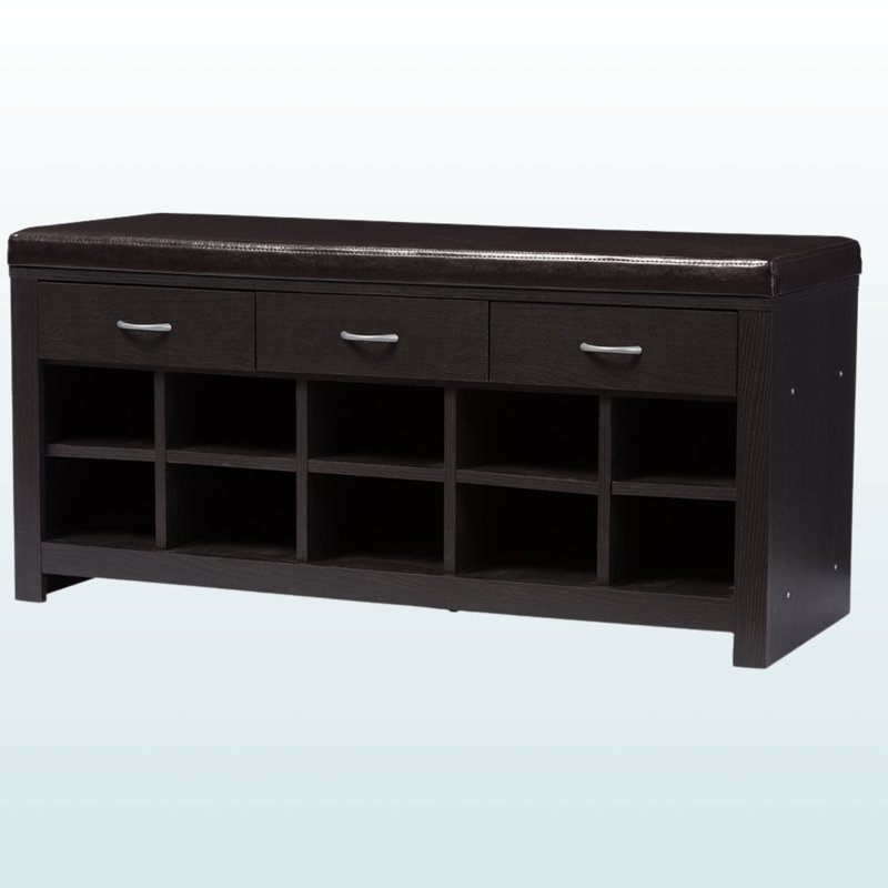 Banc de hall d'entrée avec 3 tiroirs en similicuir brun foncé, H 19,88 po x l 41,61 po x P 15,4 po