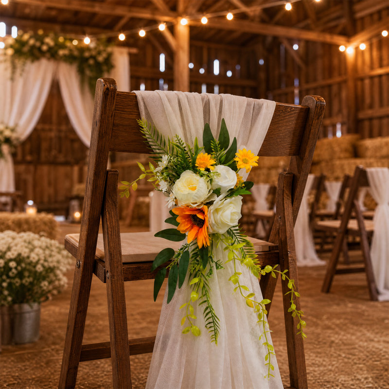 Paquet de 6 décorations de dossier de chaise artificielle jaune, fleurs de cérémonie d'allée de mariage avec rubans et accessoires de fixation