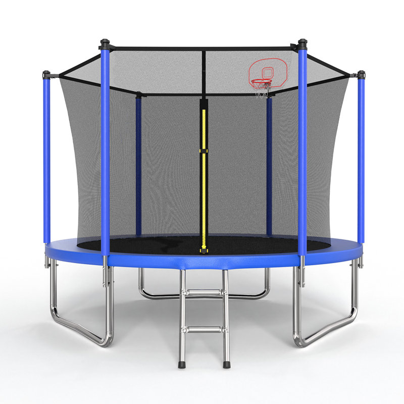 Trampoline 10 pi pour enfants, panier de basketball et échelle, trampoline pour enfants avec enceinte sécuritaire, assemblage rapide pour le plaisir dans la cour, approuvé ASTM