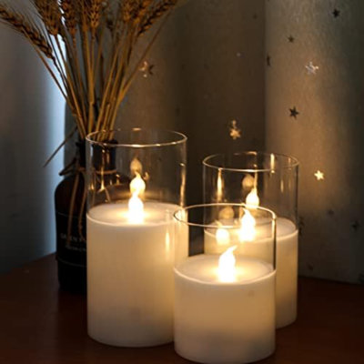 Clear Glass Battery Operated Flameless Led Candles With 10-Key Remote And Timer, Real Wax Candles Warm White Flickering Light For Home Decoration(Set Of 3)