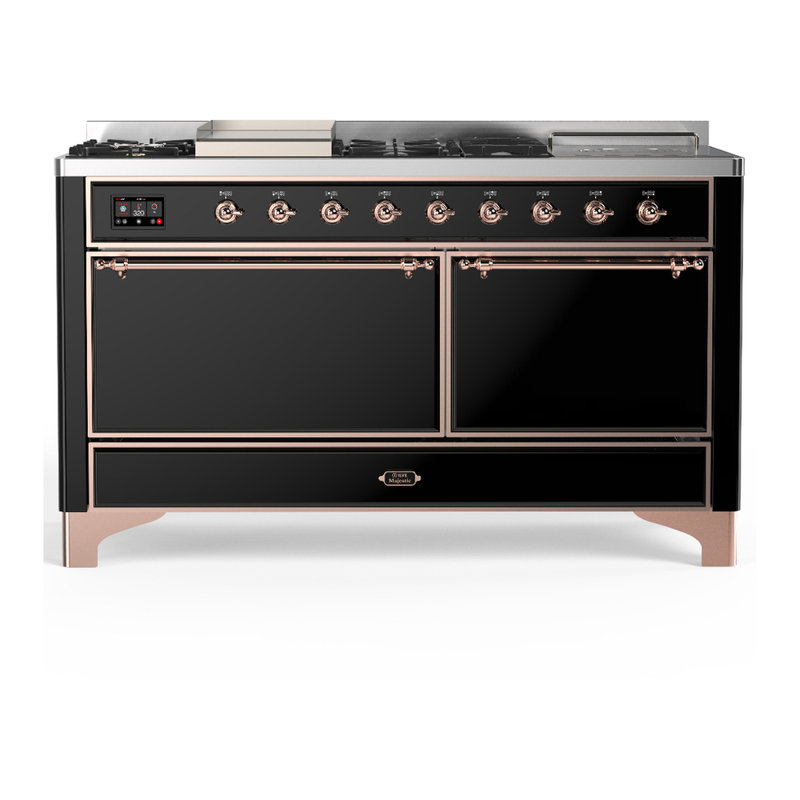 Majestic III Series 60 Inch Dual Fuel Range with 7 Sealed Burners, Griddle, Frenchtop in Glossy Black (Natural Gas, Copper Trim)