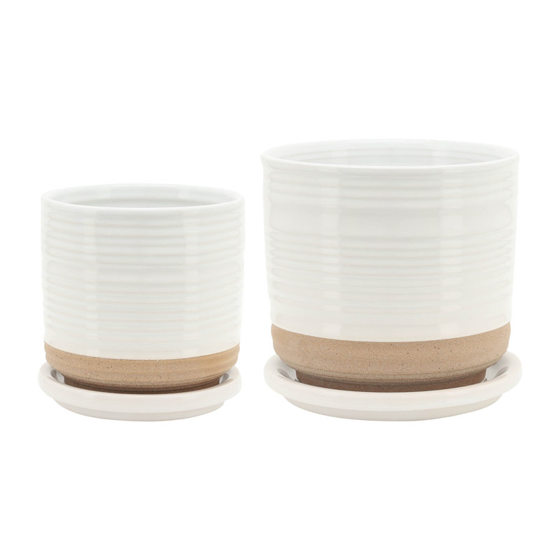 Balmer Ceramic Saucer Planter with Ribbed Texture, Striped White, 2