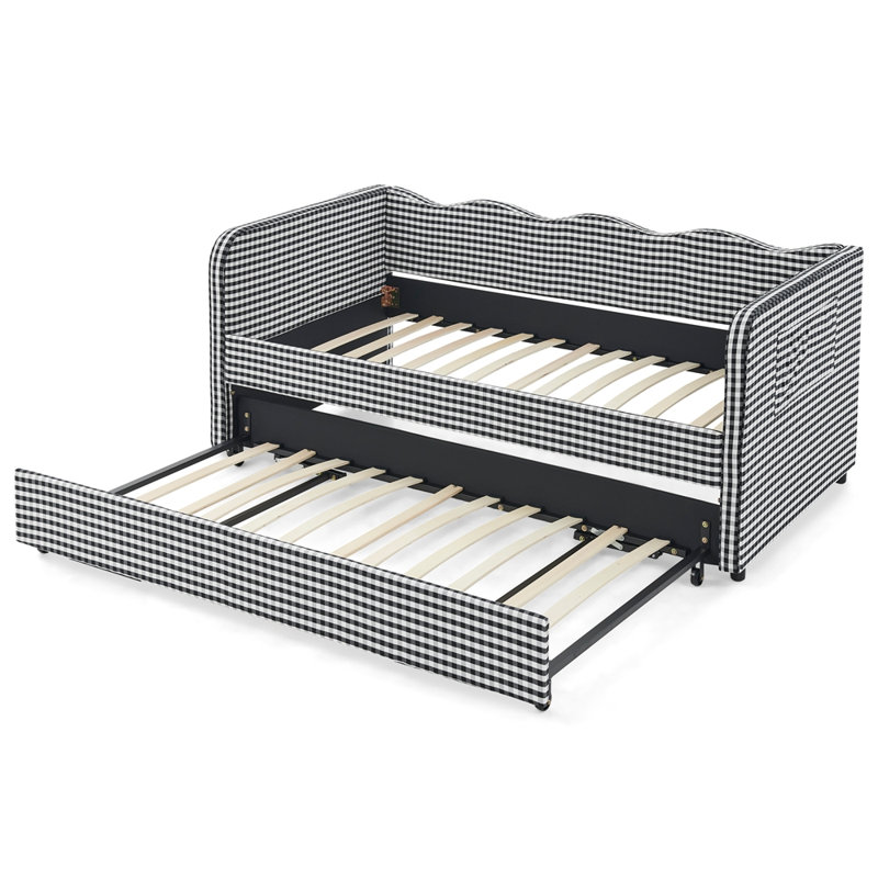 Lit de jour rembourré convertible 3-en-1 en vichy avec lit gigogne escamotable et poche de rangement latérale, Lit simple