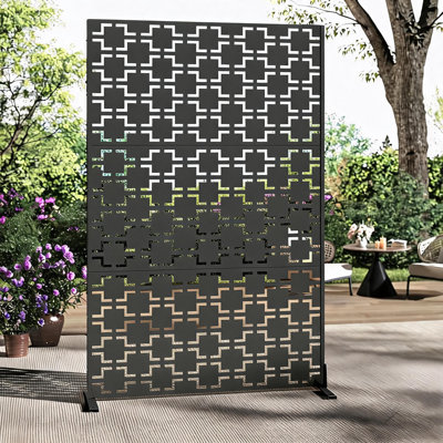 Freestanding Metal Outdoor Privacy Screen with Stand, 47 x 72 in Decorative Garden/Patio Room Divider Panel - Rustproof Galvanized Steel - Black - Square Grid