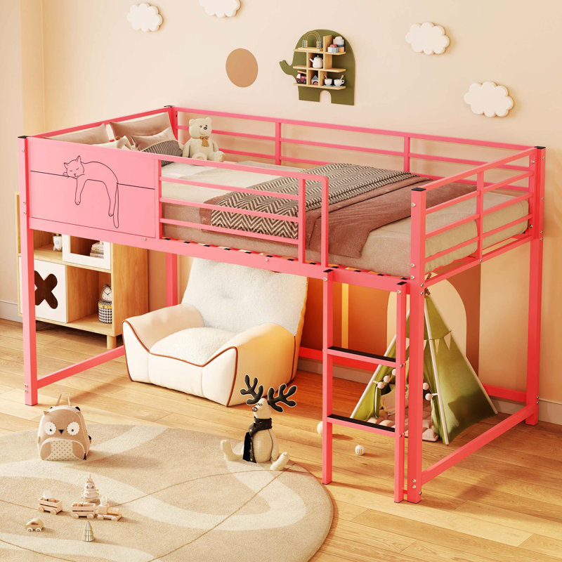 Lit simple en métal avec garde-corps de sécurité et support latéral, cadre de lit pour enfants, aucun sommier requis, assemblage facile, rose