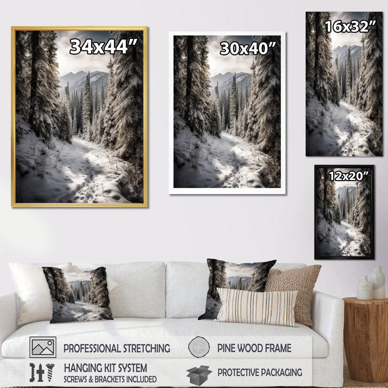 Frosty Snow Forest Path II - impressions sur toile neige, Cadre flottant doré, H 44 po x l 34 po x P 1,5 po
