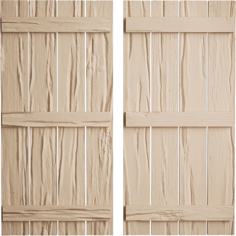 Volets rustiques en faux bois à quatre planches espacées (par paire), Texture Riverwood / brun clair apprêté, 23"