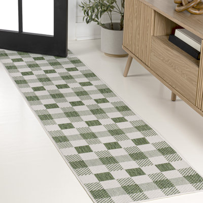 Drora Traditional Geometric Bold Gingham Green/Cream Indoor/Outdoor Rug