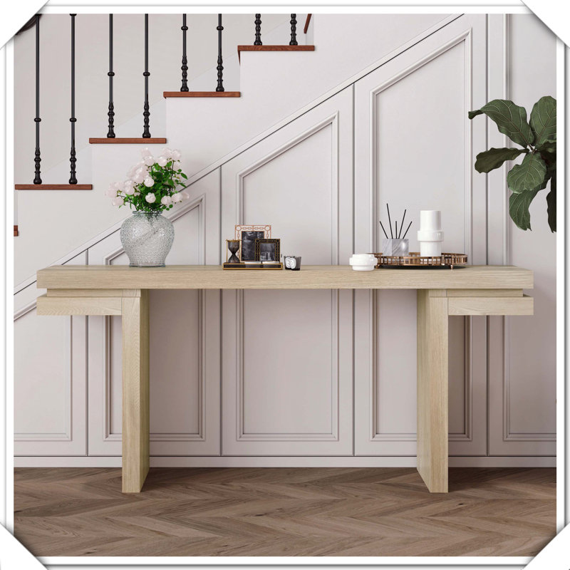 66 Inch Extra Wide Real Wood Veneered Console Table, Minimalist Design For Entryway And Living Room, Distressed Oak Finish