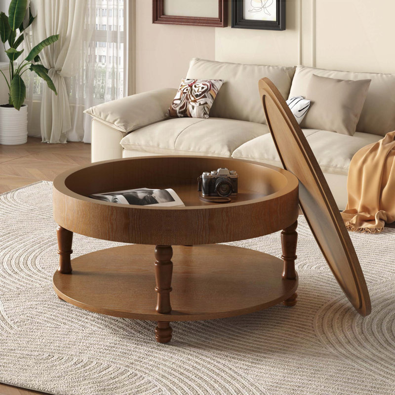 Table basse avec rangement double pour le salon, table basse ronde moderne de 31,5 po avec rangement et compartiment caché, pieds de nivellement réglables, assemblage facile (noyer)