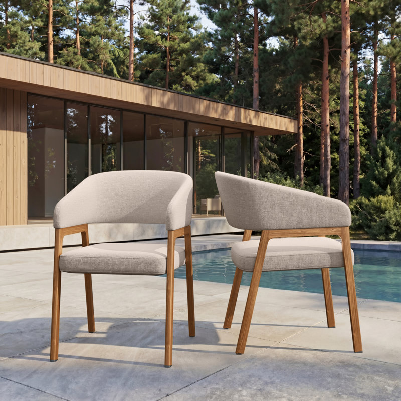 Fauteuil de salle à manger en aluminium thermolaqué Ottie avec finition grain de bois et coussins en acrylique