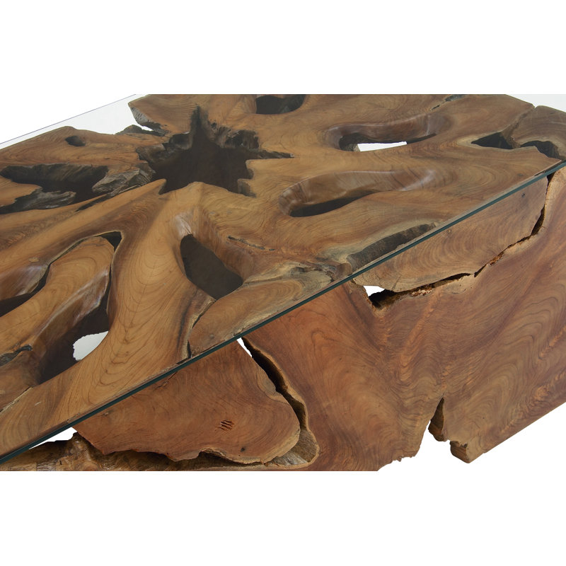 Teak Wood Handmade Live Edge Tree Stump Living Room Coffee Table with Clear Glass Top