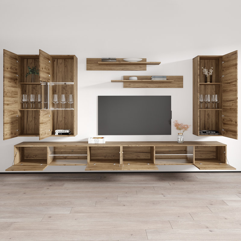 126" Modern Floating Wall Mounted Entertainment Center with 16-Color LED Lighting, High Gloss Finish, Oak