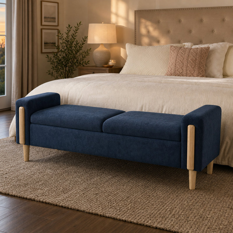 Lit de jour moderne avec rangement double rembourré, tissu en chenille et pieds en bois d'hévéa