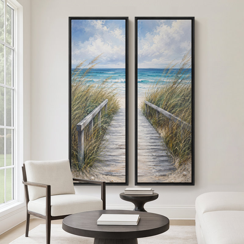 Promenade côtière avec herbes des dunes – Ensemble de 2 impressions d'art encadrées sur toile 60 po x 20 po x 2, Cadre noir