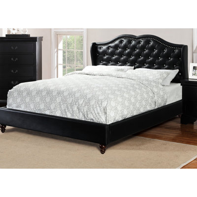 King Bed Frame Of Contemporary Style, Black Faux Leather Upholstery, Curved Wingback And Button , No Box Spring Needed Eastern Frame, Modern Contemporary, Leather, Wingback,