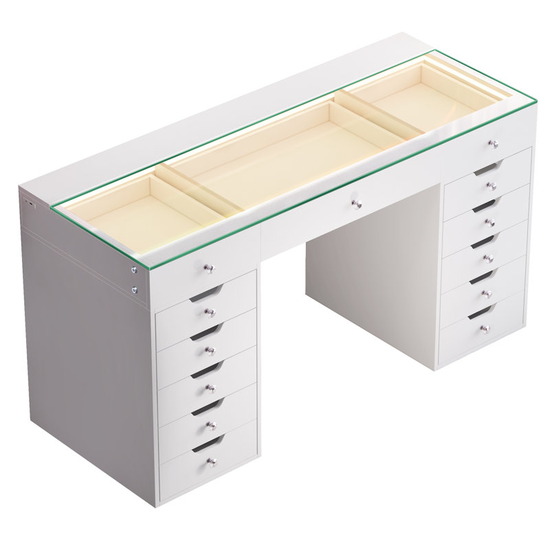 Bureau de meuble-lavabo Mak dégagé avec plateau en verre et bandes lumineuses à DEL intégrées à 13 grands tiroirs, Blanc