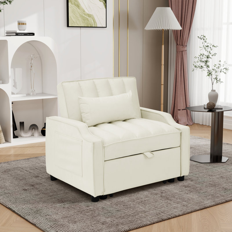 35.48" W Channel Tufted Convertible Chair, Beige Polyester
